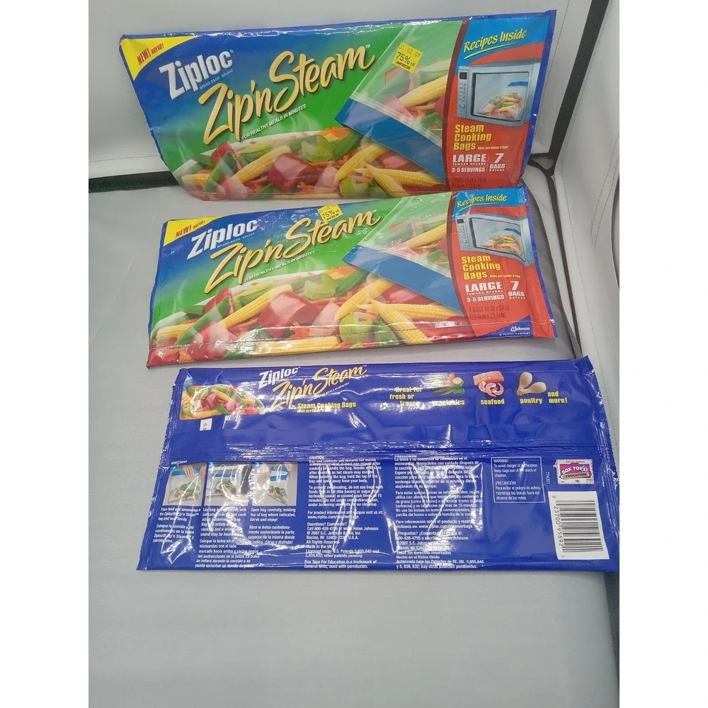 3x New Ziploc Zip N Steam 7 Large Bags Each, Microwave Steam Sealed Discontinued